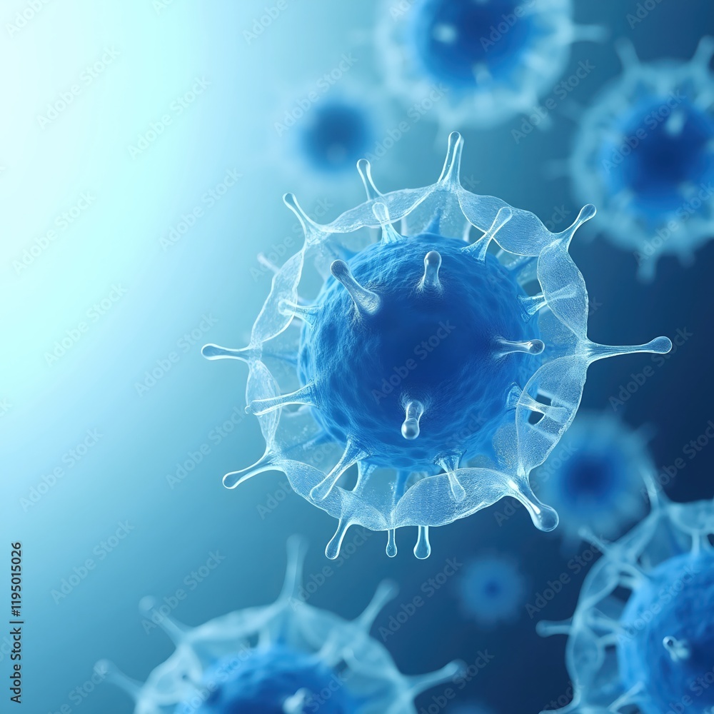 Poster microscopic view of viruses, highlighting their complex structures and potential for infection.