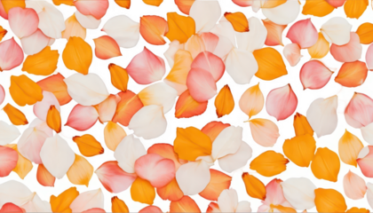 A scattered mix of isolated rose petals in shades of blush pink, peach, and white, with marigold petals in bright yellow and orange, creating an organic, flowing pattern on a white transparent backgro