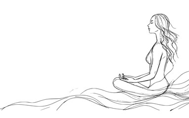 Minimalist line art of a woman meditating in a lotus pose, symbolizing peace, mindfulness, and harmony, perfect for wellness, yoga, or meditation-related themes