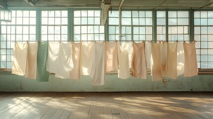 Soft Pastel Fabrics Hanging to Dry in Bright Natural Light within a Spacious Industrial Room with Large Windows and a Rustic Wooden Floor