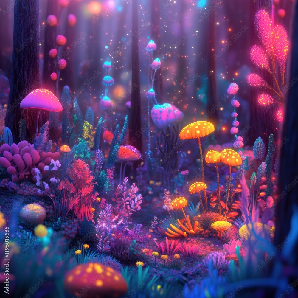 Leinwandbilder Exploring a magical microscopic ecosystem filled with vibrant microbes and colorful fungi in an enchanting forest. Generative AI
