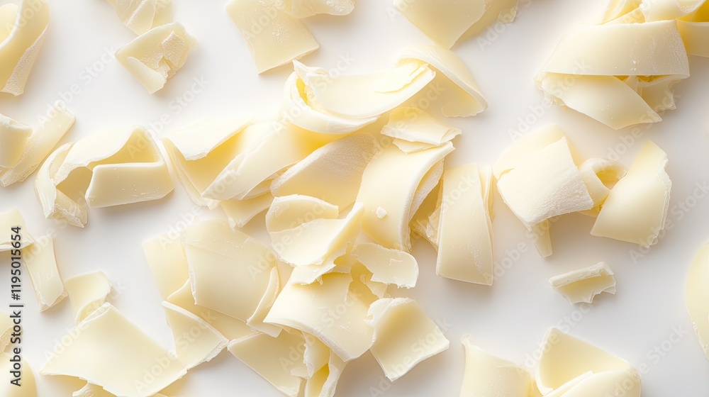 Poster randomly arranged white chocolate curls on a clean white backdrop, top view with copy space.