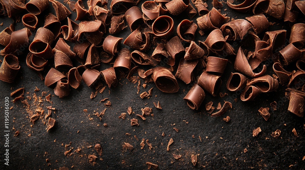 Poster scattered chocolate curls and shavings on a dark matte background, creating a stylish scene.