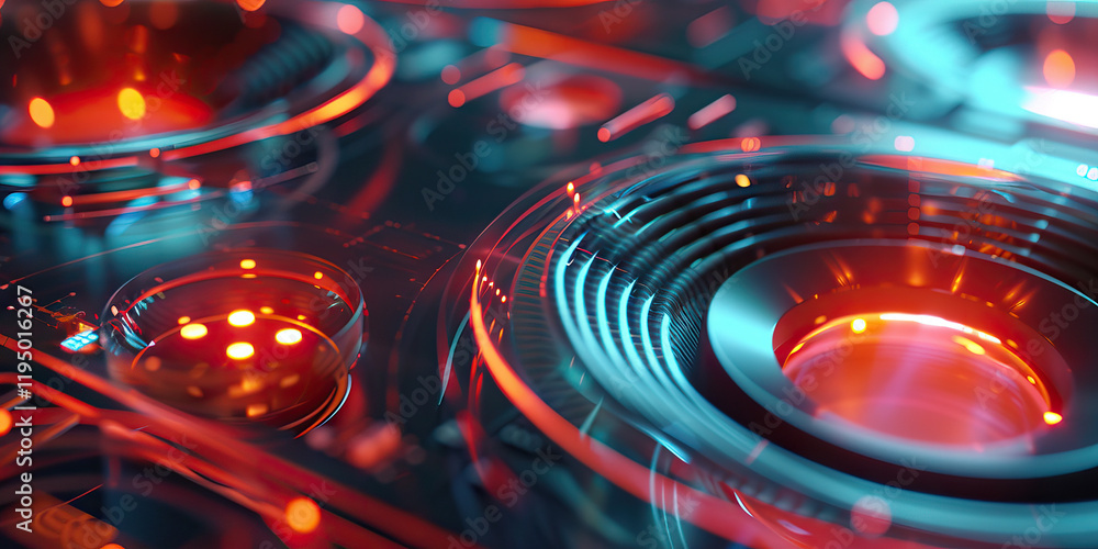 Poster abstract close-up of futuristic technological device with red and teal illumination