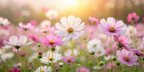 Obraz premium Field of Cosmos flowers with soft pink and white hues, gentle breeze rustling petals