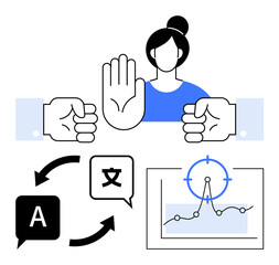 Obraz premium Woman holding up hand to refuse, two clenched fists, arrows for language translation, chart with a target point. Ideal for communication, decision-making, conflict resolution, analytics