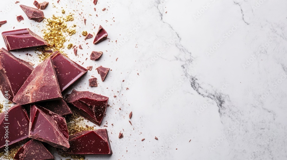 Aufkleber top view of broken ruby chocolate chunks with sprinkled edible gold dust on a smooth white surface, 