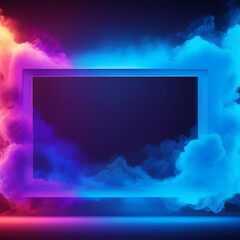 Abstract blue Neon light  3d Frame with Colorful Smoke Background