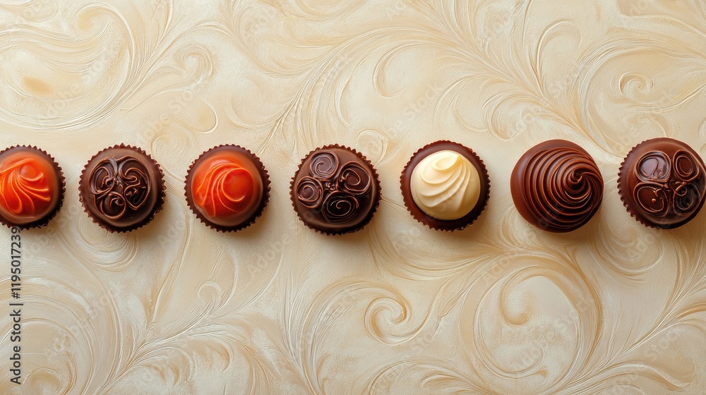 Aufkleber top view of luxurious chocolate bonbons with intricate patterns on a soft cream backdrop, emphasizin