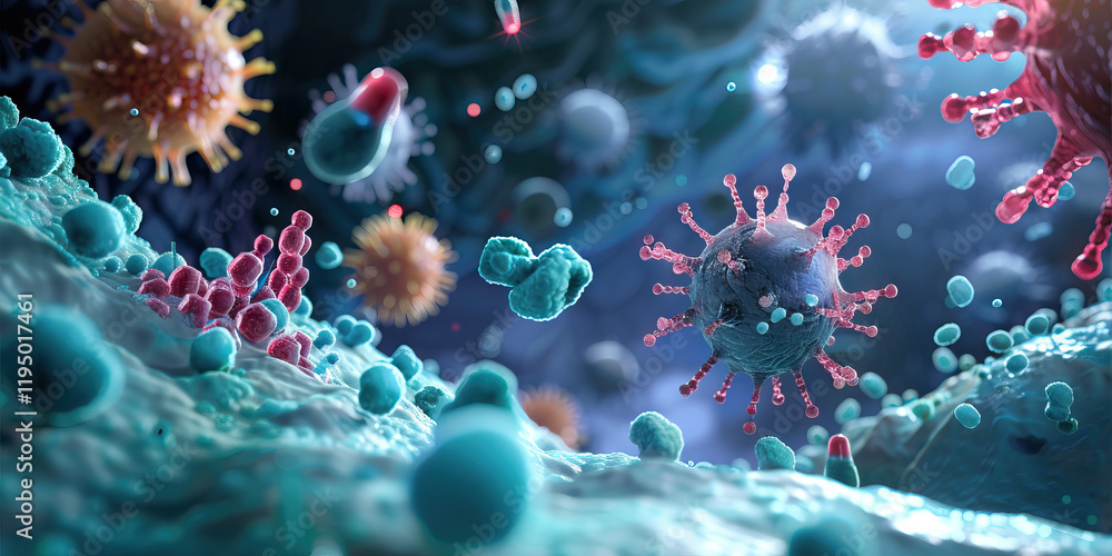 Poster microscopic visualization of viral and bacterial interactions on cellular surface