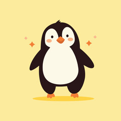 Cute cartoon Penguin, wild animal baby penguin. Wild nature little penguin vector illustration isolated on yellow background.