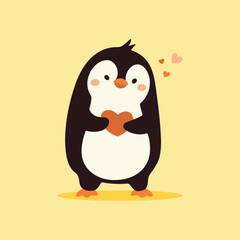 Cute cartoon Penguin hugs the heart in his hands, wild animal baby penguin. Symbol of valentine's day. Wild nature little penguin vector illustration isolated on yellow background.