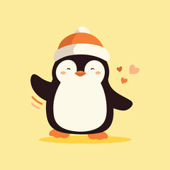 Cute cartoon Penguin wearing a warm hat, wild animal baby penguin. Wild nature little penguin vector illustration isolated on yellow background.