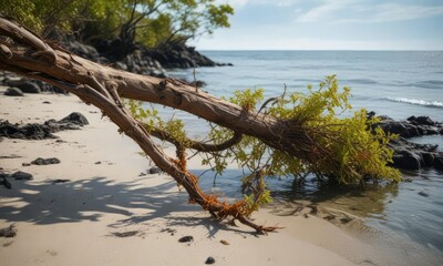 A snapped tree branch tangled in seaweed and kelp on a Baltic Sea shoreline, beachcombing, snapped tree branch