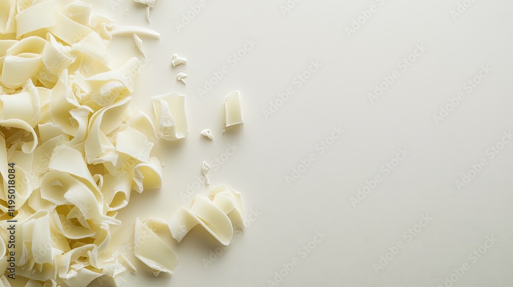 Poster white chocolate curls scattered randomly on a clean, off-white backdrop with ample copy space.
