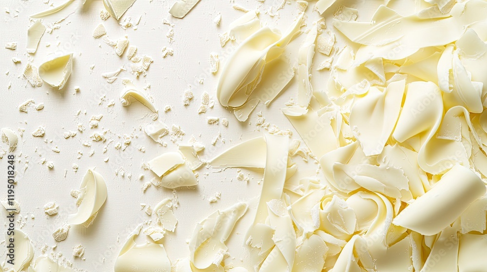 Poster white chocolate curls scattered randomly on a clean, off-white backdrop with ample copy space.