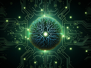 A digital brain with glowing green roots on a circuit board background, symbolizing the concept of artificial intelligence.
