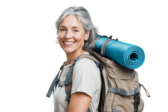 senior person with backpack