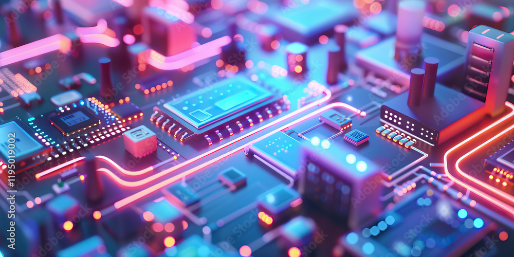 Poster stylized circuit board with integrated circuits and neon pathways