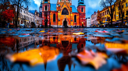 Naklejka premium A vibrant autumn scene showing colorful leaves on a wet street, reflecting a stunning historic church against a picturesque backdrop.