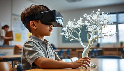 Young Boy Using VR Headset Experiencing Virtual Nature Scene in Classroom
