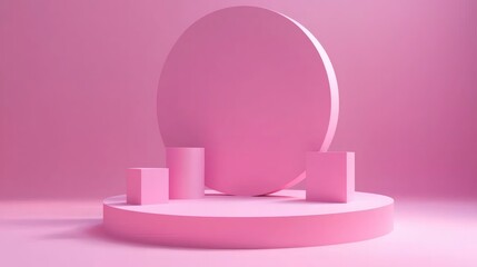 Pink Pastel Product Display:  A minimalist 3D rendering featuring a circular backdrop and various pink geometric shapes&mdash;cubes and cylinders&mdash;arranged on a platform.