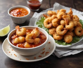 Fototapeta premium A bowl of sweet chili dipping sauce next to a plate of crispy coconut shrimp, flavor combination, food pairing, condiment