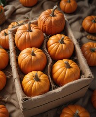 A box filled with large pumpkins covered in burlap and tied with twine, rural decor, gourd arrangement