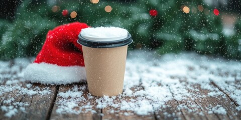 Festive scene featuring a brown paper coffee cup on a wooden surface with snow, accented by a vibrant red Christmas hat and blurred greenery background.