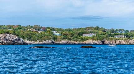 A view along the shoreline into Narragansett bay at Newport, USA in the fall