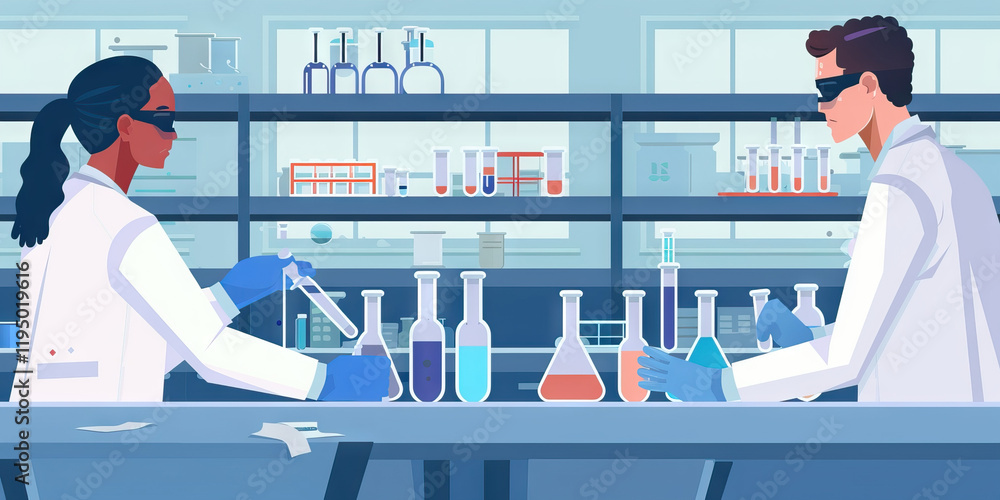 Poster two scientists performing experiments in a laboratory