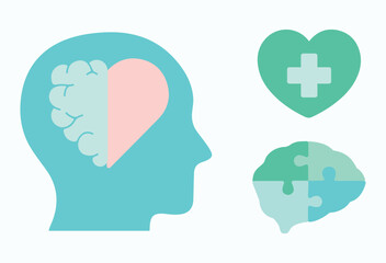 Mental health, medicine, doctor, treatment, world day. Heart, brain, healthy, love. Hospital, clinic, care. Psychology, emotion, mind, intelligence, well-being. Set, vector, icon
