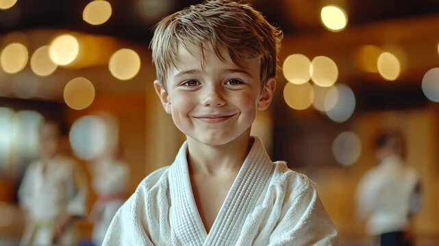 Smiling boy in traditional martial arts uniform during training session in bright dojo with blurred background