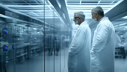 Two Senior Scientists Collaborating, Analyzing Data in a Modern Server Room, Focus on Innovation