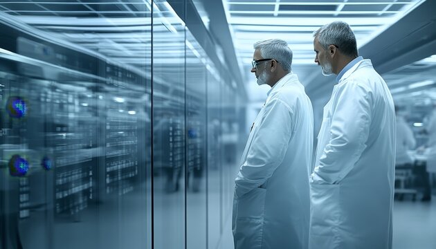 Two Senior Scientists Collaborating, Analyzing Data in a Modern Server Room, Focus on Innovation