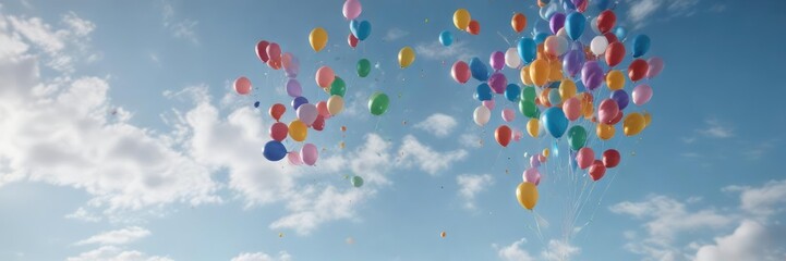 Naklejka premium A bunch of balloons in different colors are blowing upwards towards the sky amidst gentle breeze, airy, breeze