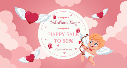 Vector horizontal Valentine's day Happy sale to 50%. Love day discount. Romantic sale up. Sale banner template with Cute funny little Cupid. Love and Valentine's day concept.