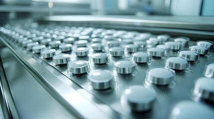 Obraz premium Modern tablet press machine in a sterile pharmaceutical production unit, shiny metallic details and copy space