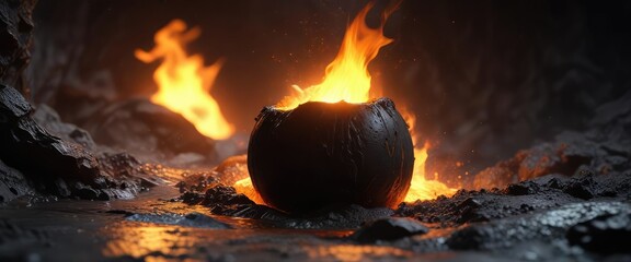 A burning orange flame rises from the depths of a black pit, symbolizing hope and perseverance, unbreakable spirit , perseverance, inner strength