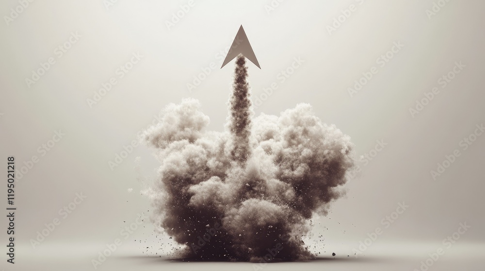 Poster original 3d rendering of an explosion simulation featuring a sharp arrow pointing upward, clean back