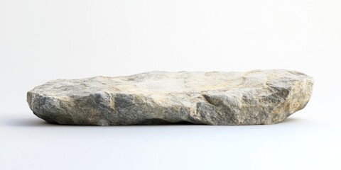 Natural gray stone slab positioned horizontally on a minimalistic white background ideal for mockup design showcasing texture and simplicity.