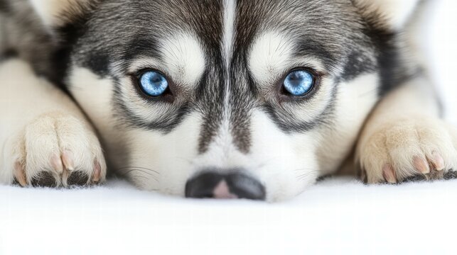 Unique dual-colored eyes of playful husky puppy captured in cozy home photography