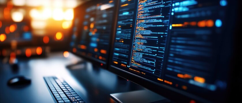 Engineers analyzing complex software code in a modern office environment digital workspace with multiple monitors