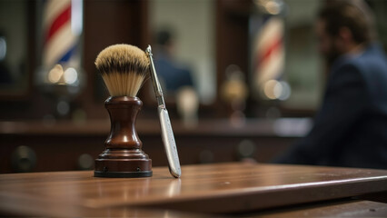 Traditional barber tools on a wooden counter in a vintage barbershop during a busy afternoon