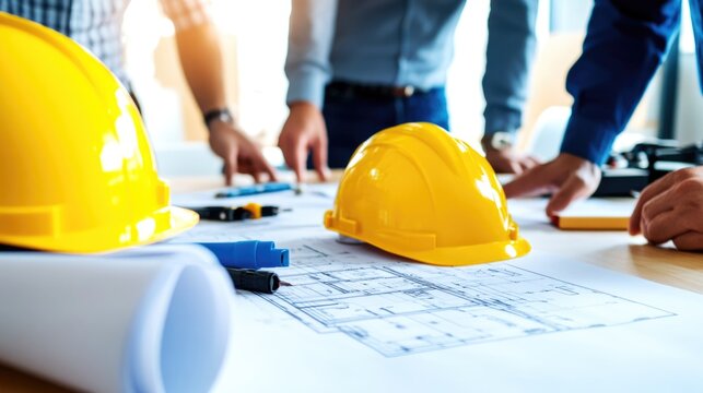 Engineers collaborating on architectural plans in modern office professional environment detailed blueprint consultation innovative design process