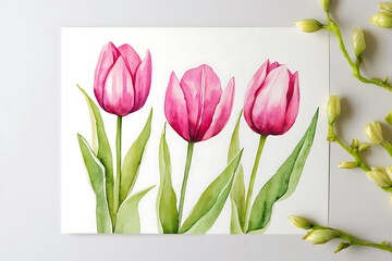Watercolor painting of three pink tulips, Celebrating International Women's Day, feminist empowerment concept