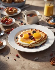A ceramic plate holding a breakfast dish falls to the ground with a loud thud , fall, meal item