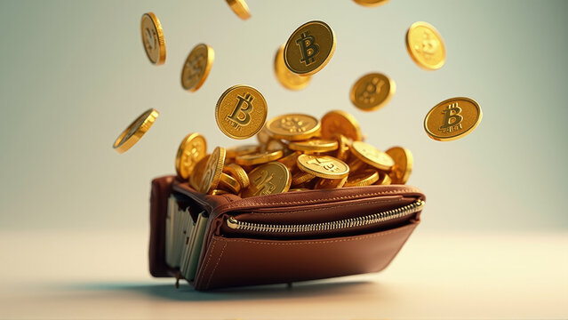 Brown wallet overflowing with golden bitcoin coins adds excitement to digital currency's rise in value