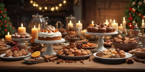 A Christmas Eve dessert table with an array of sweet treats and warm spices, warm spices, festive treats