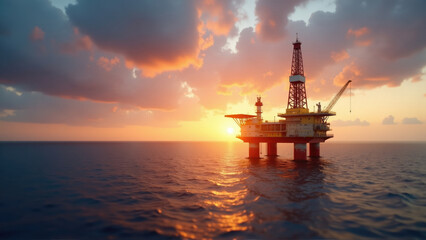 Sunset over offshore oil rig showcases industrial beauty in calm waters